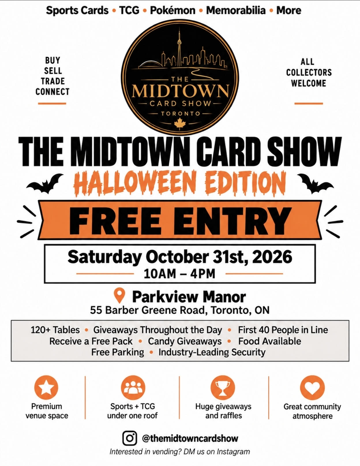 The Midtown Card Show Halloween Edition at Parkview Manor, October 31, 2026, 10 AM–4 PM. Free entry and free parking.